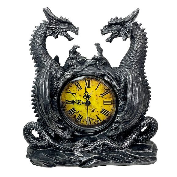 Twin Evil Dragons Antiqued Mantel Clock Table Desk - Picture 1 of 7